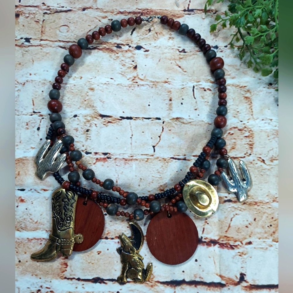 N491  Western Themed Wood Silver & Gold Toned Layered Necklace